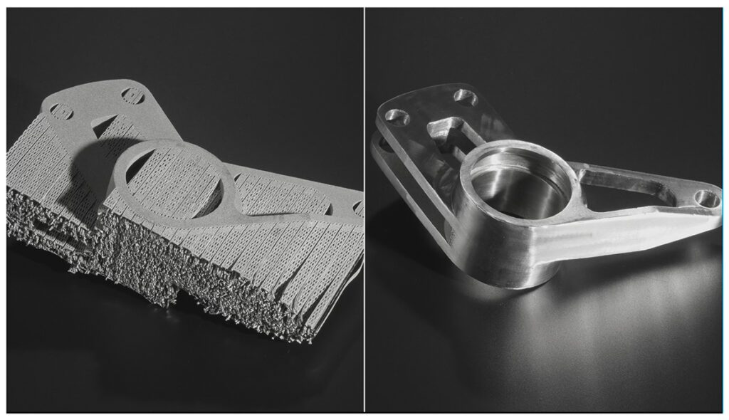 Side-by-side comparison of a metal part before and after post-processing, showing the difference between raw additive manufacturing output and the refined result achieved through subtractive finishing techniques.