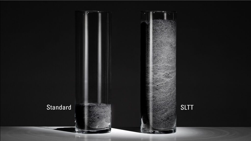 Two jars with grinding dust – comparison between standard and SLTT grinding disc.
