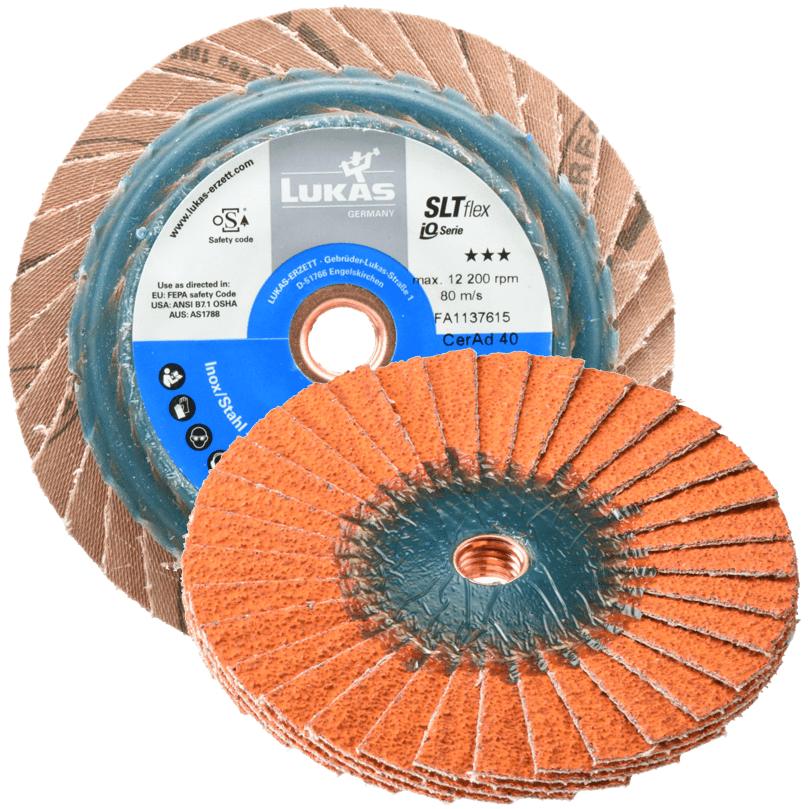 Flap disc for hard-to-reach areas, M14 thread, radial, end face, fillet weld grinding