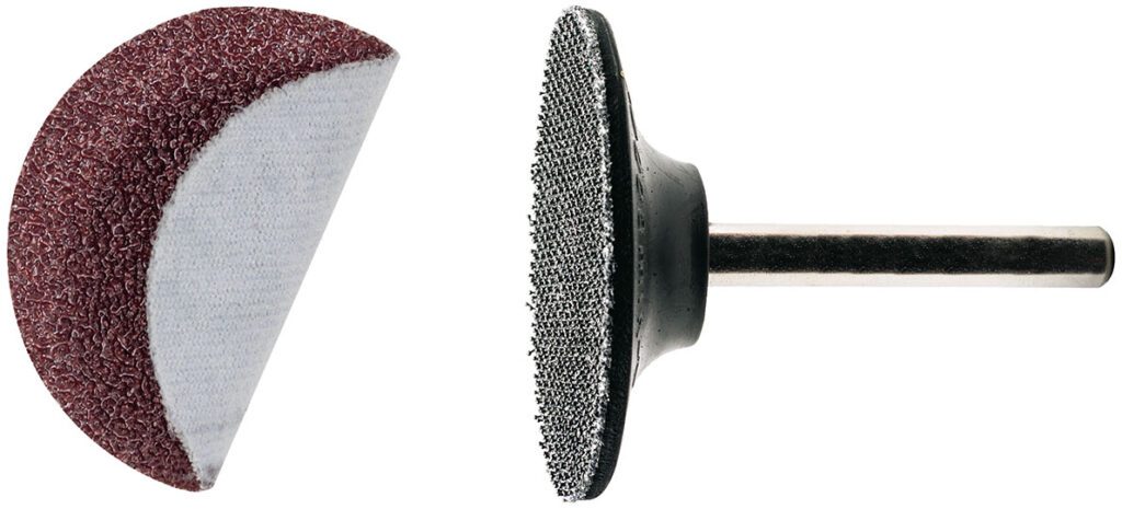 Self-adhesive sanding disc PSH with hook-and-loop backing pad and mandrel.