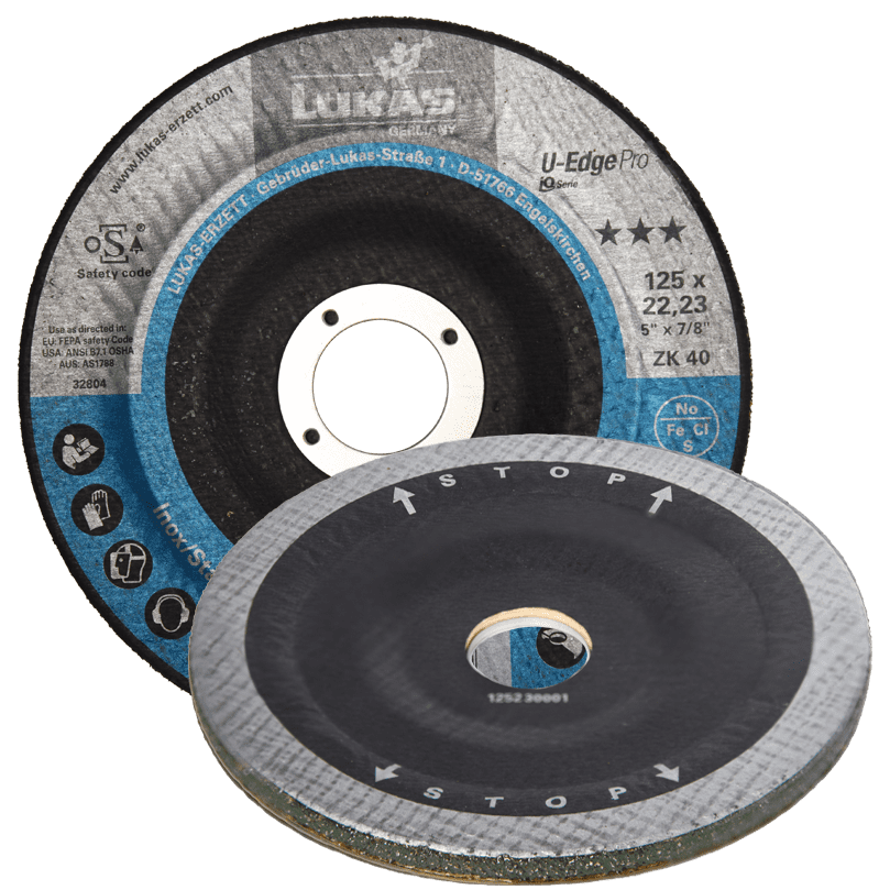 Compact grinding disc for weld seams, zirconium aluminium oxide abrasive, integrated side protection